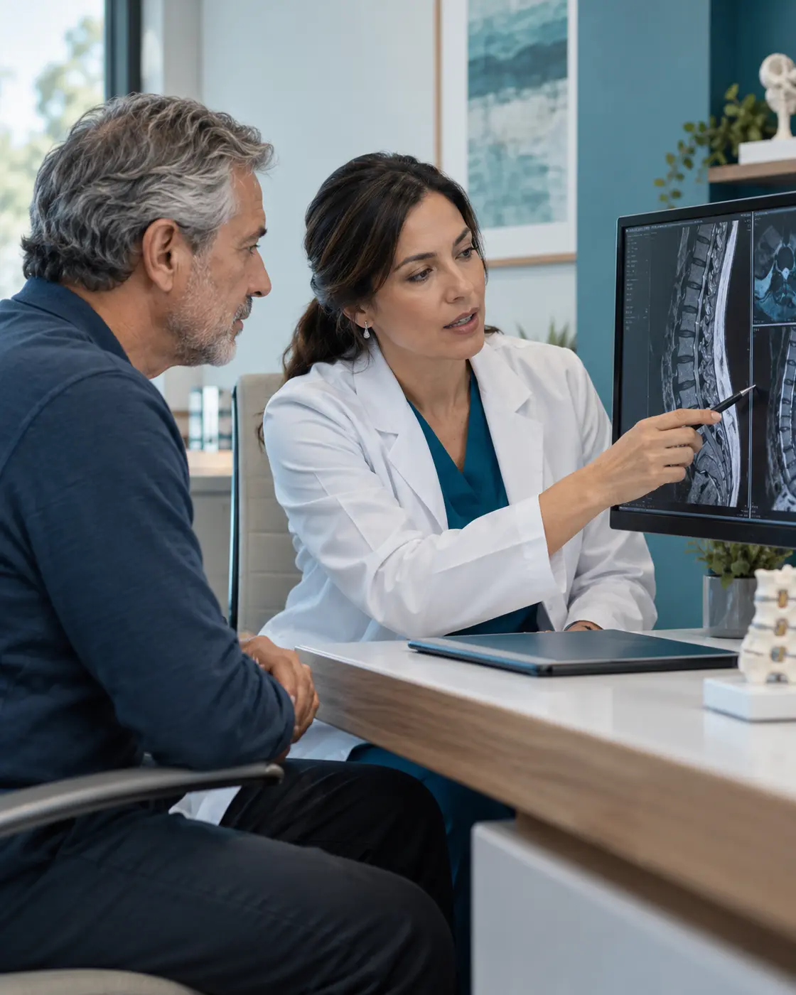 Profesional de salud revisando una resonancia con un paciente